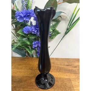 Vintage Black Amethyst Glass Bud Vase Pedestal‎ Base Fluted Rim